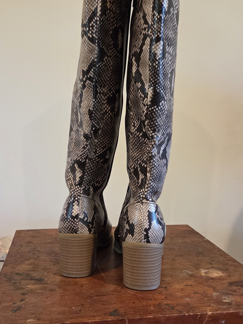 Tall Snake-Print Block Heel Women's Boots - Gray/Black - Picture 3 of 6